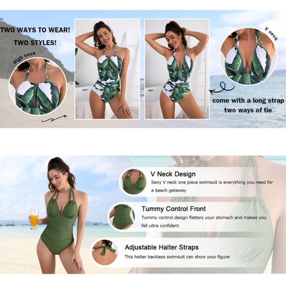 B2PRITY Tropical Palm Frond Leaf V-Neck Ruched‎ Halter 1pc Monokini medium  NWT - Picture 3 of 16